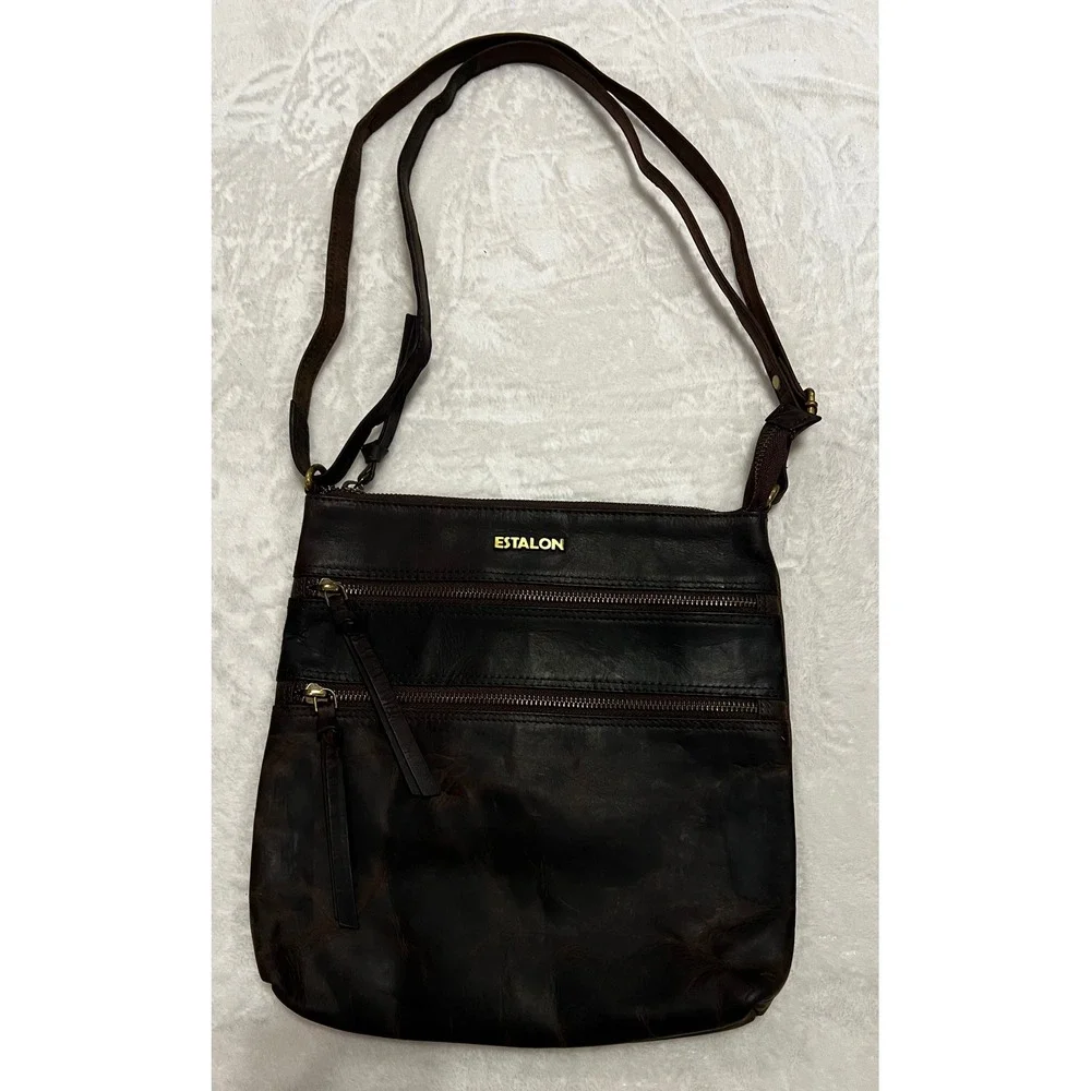 ESTALON Dark Brown Genuine Leather Crossbody Zip Front Pockets Adjustable Strap